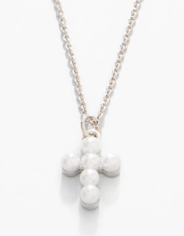 SLV Necklace 18" Faith/Pearl Cross Silver