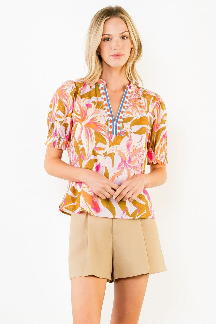 Green/Pink Floral Ruffled Sleeve V Neck Top