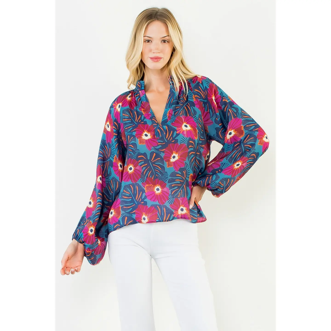Long Sleeve Blue Flowy Flower Top