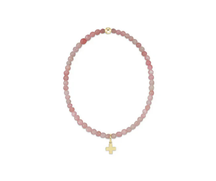 Classic Pink Opal 3mm Bracelet Signature  Cross Gold Charm