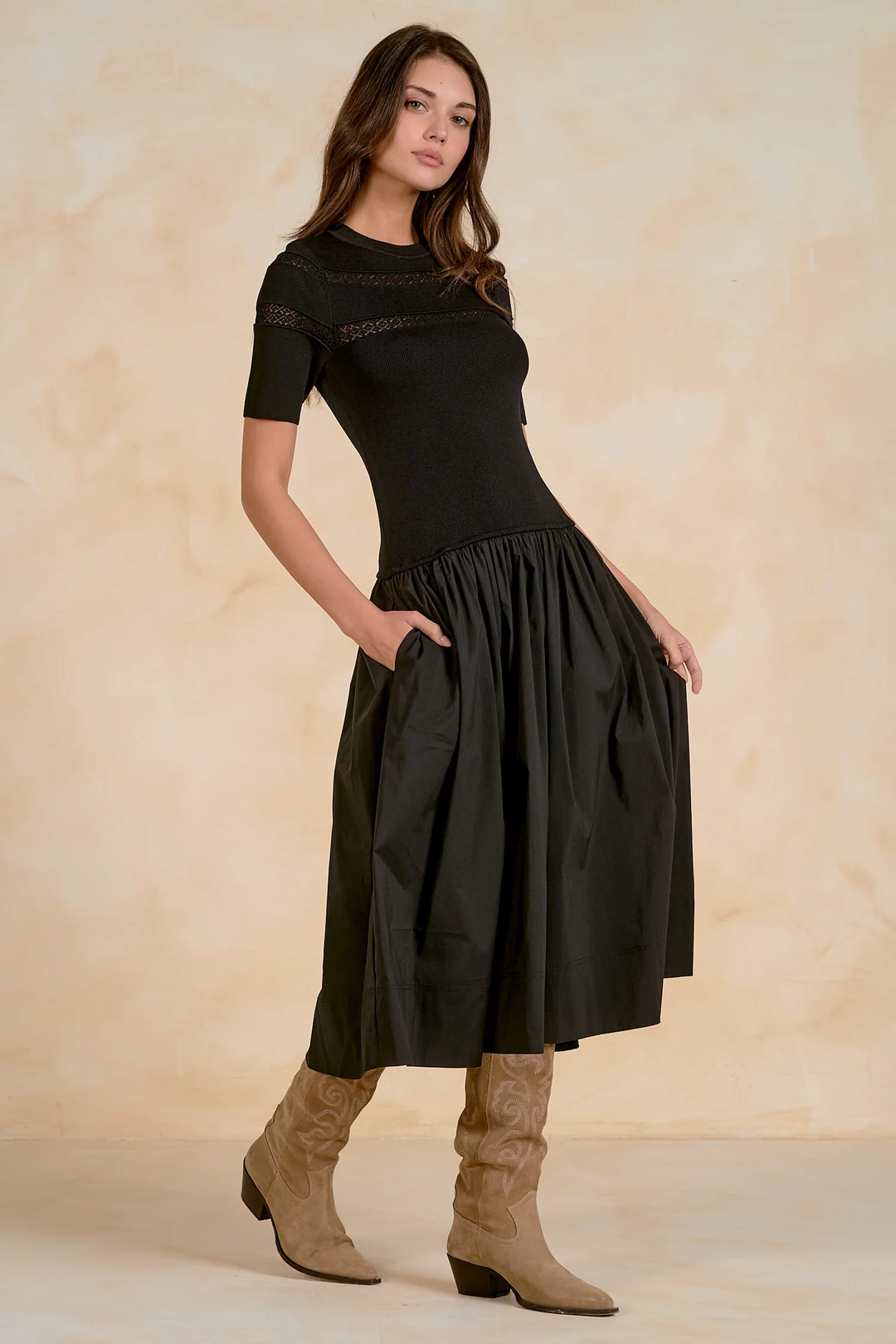 Black Midi Dress w/Knit Short Sleeve Top