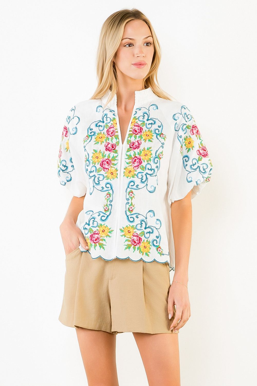 Floral Embossed Top w/Puffed Sleeve Smocked Collar White