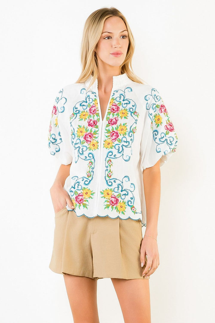 Floral Embossed Top w/Puffed Sleeve Smocked Collar White