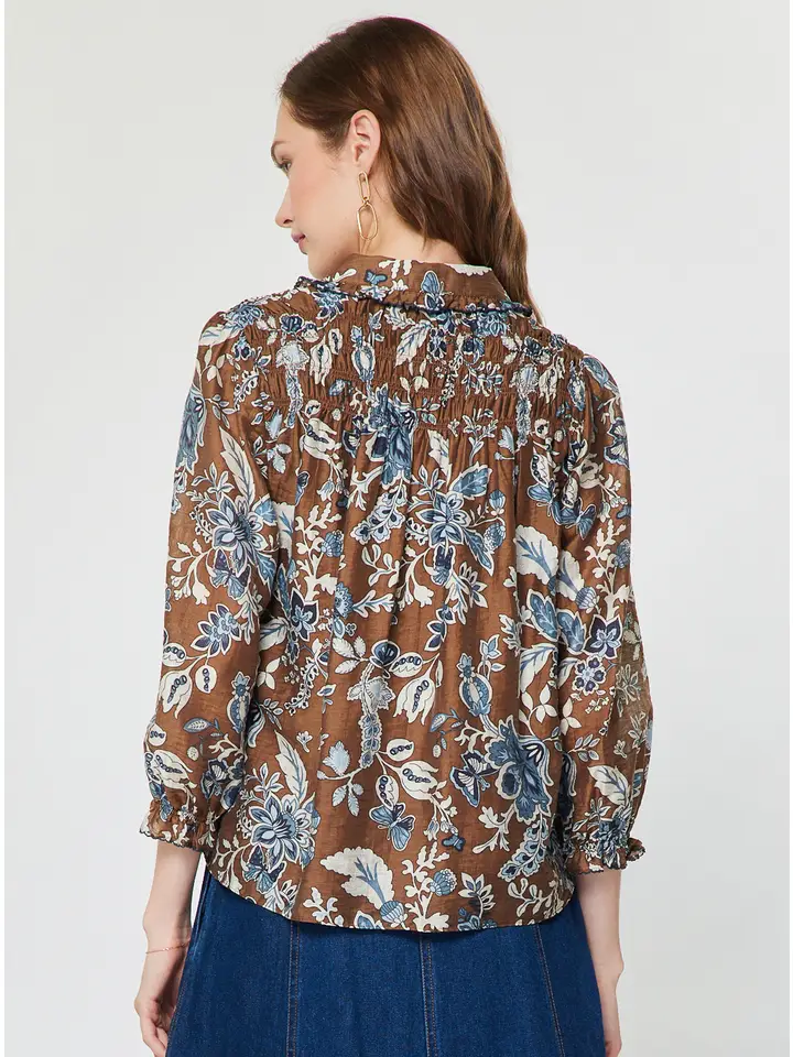 Blue &amp; Brown Collared Button-Down Blouse W Ruffled Sleeves