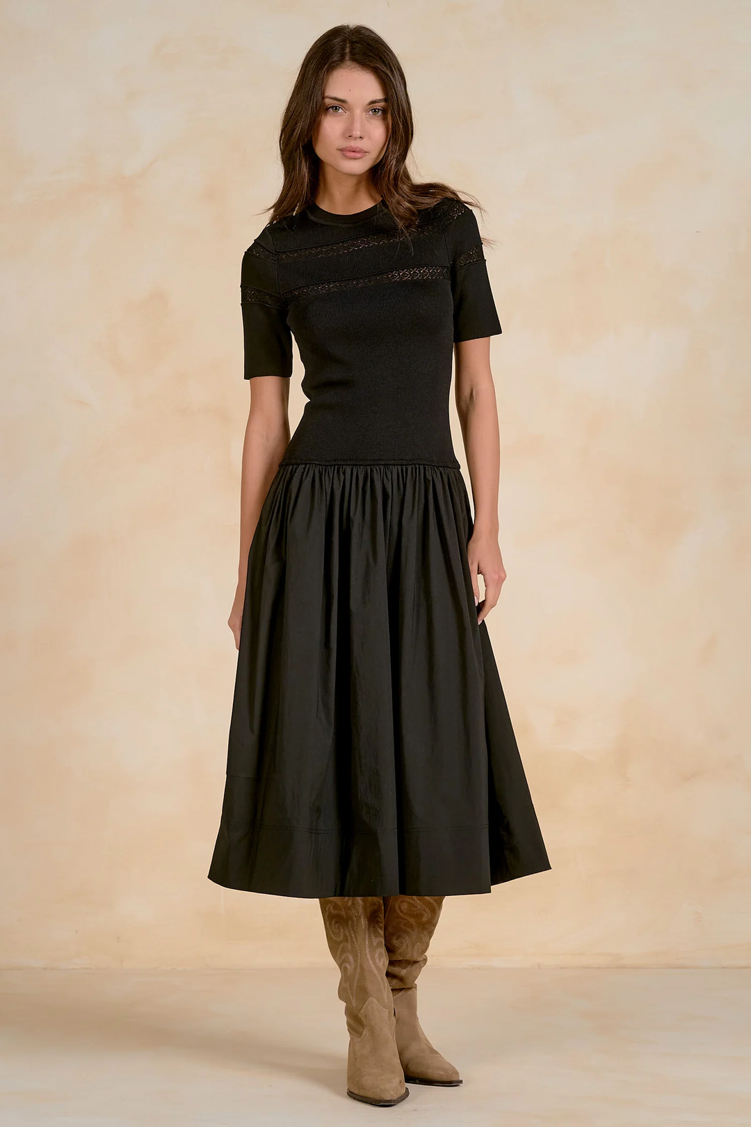 Black Midi Dress w/Knit Short Sleeve Top