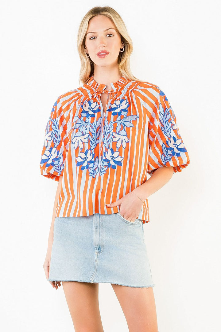 Puff Sleeve Embroidery Detail Striped Top Orange