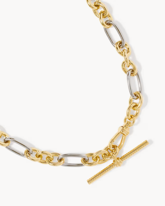 A close-up of a two-tone chain necklace featuring gold and silver links, with a gold barbell-style toggle clasp, set against a clean white background.
