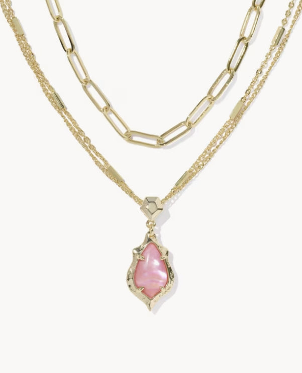 Adriana Scallop Frame Multi Strand Necklace Light Pink Iridescent Abalone Gold