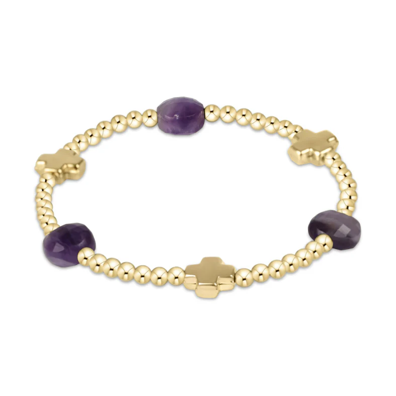 Signature Cross Admire Gold Pattern 3MM Bead Bracelet- Amethyst