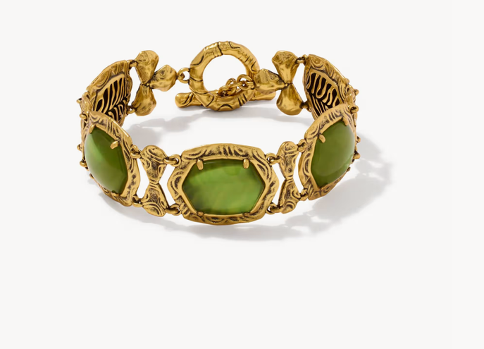 Daphne Tiger Stripe Vintage Gold Bracelet Chartreuse Green Stone S/M