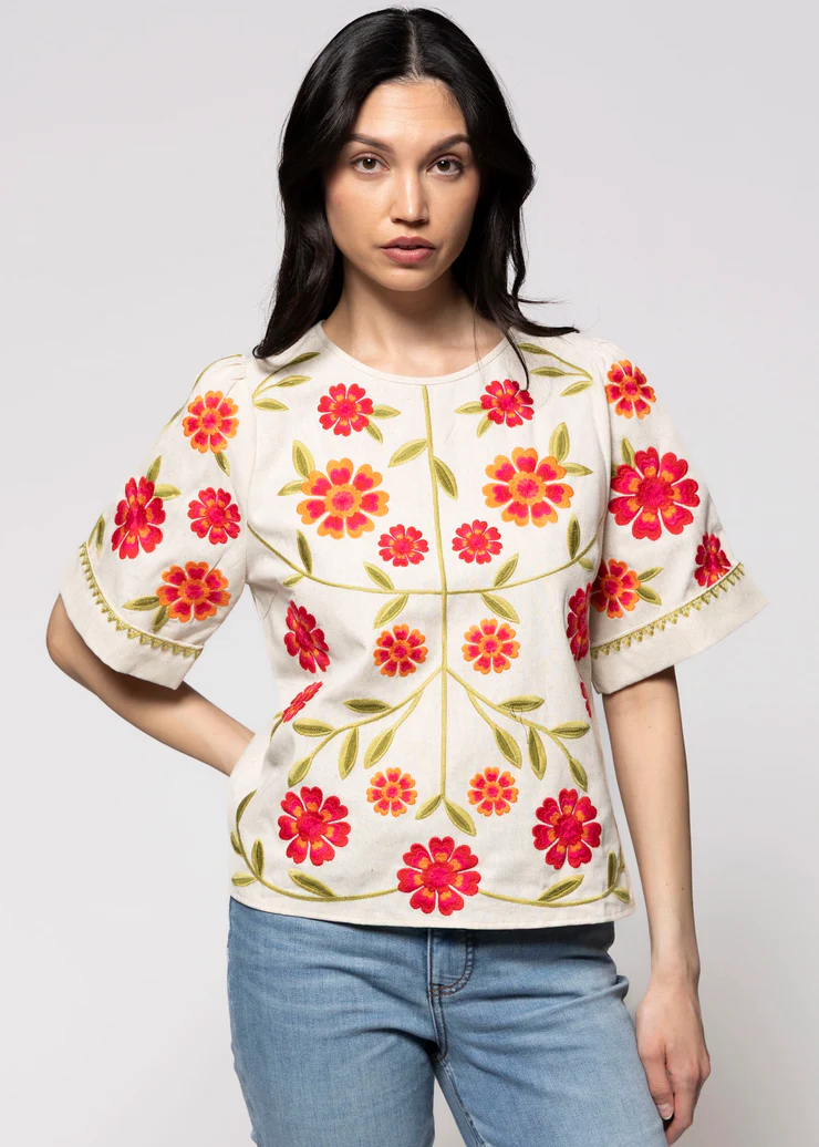 Short Sleeve Floral Embroidery Detail Top Beige