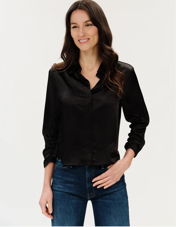 Dessi Satin Button Down Top with Ruched Sleeve