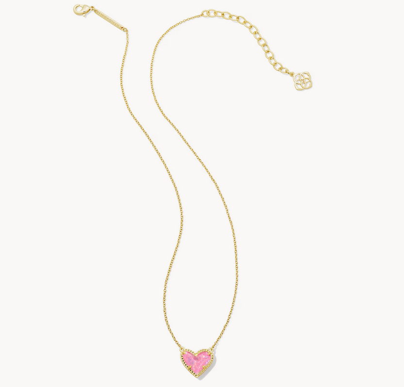 Ari Heart Short Pendant Necklace Gold Pink Iridescent Glitter Glass