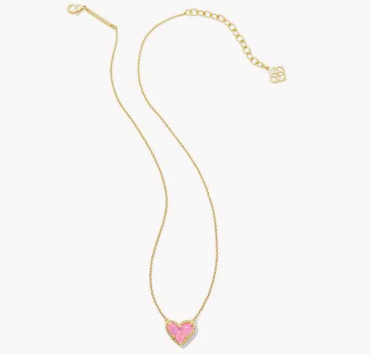 Ari Heart Short Pendant Necklace Gold Pink Iridescent Glitter Glass