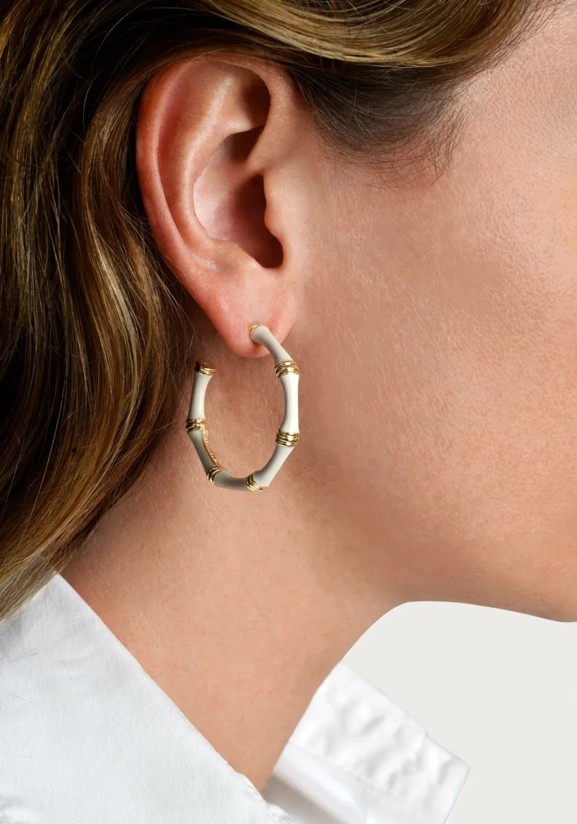 Anabel Aram Bamboo Enameled Hoop Earrings Creme