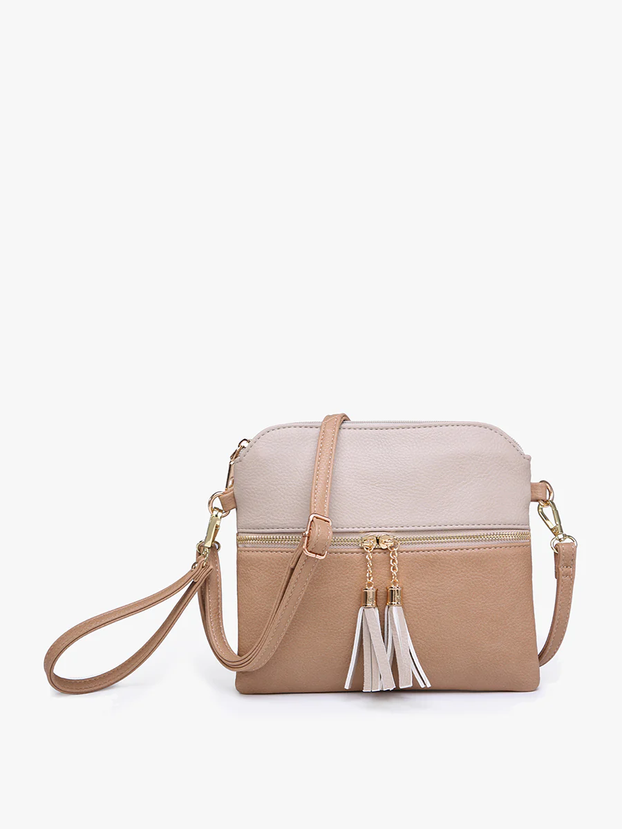 Tara Dual Zip Crossbody in Taupe/Beige
