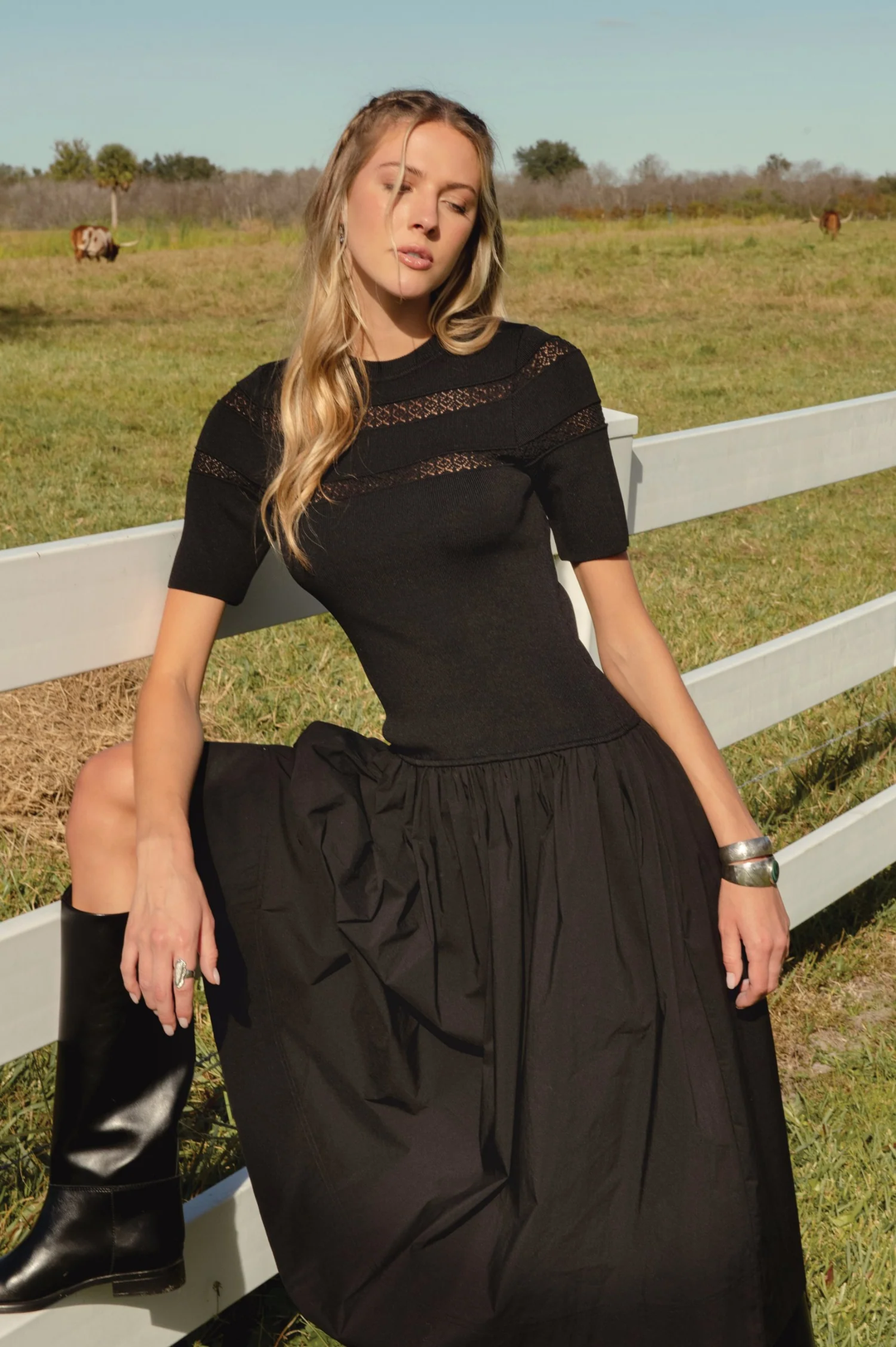 Black Midi Dress w/Knit Short Sleeve Top