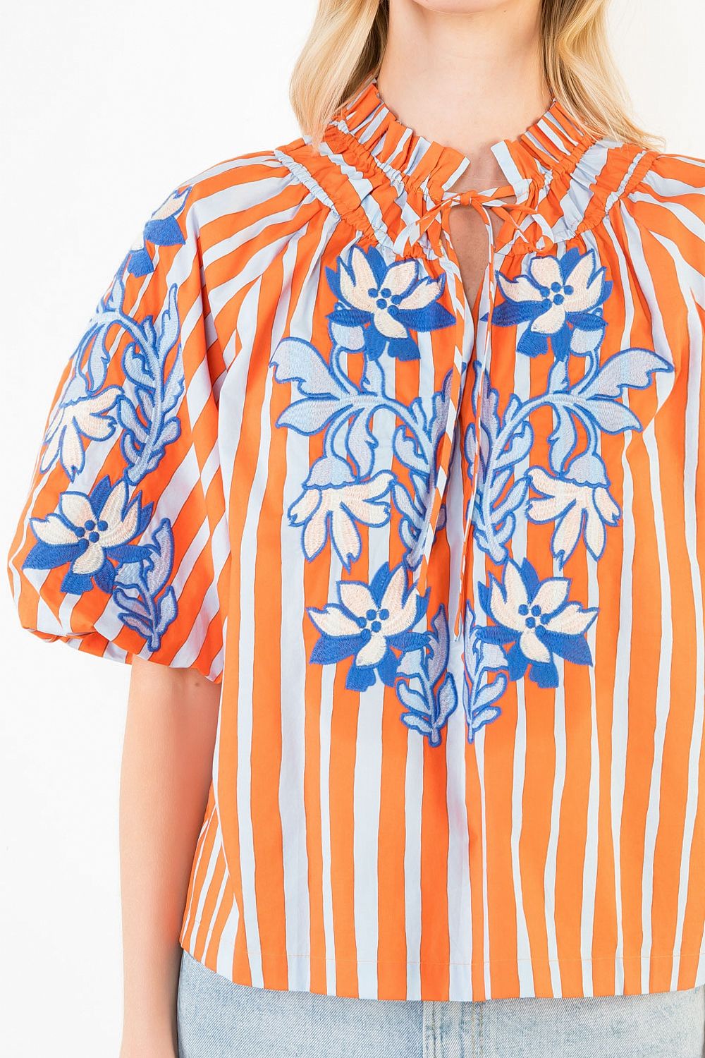 Puff Sleeve Embroidery Detail Striped Top Orange