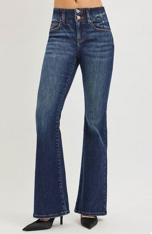 High Rise Flare Jeans with Seam-Detail Waistband Dark Wash