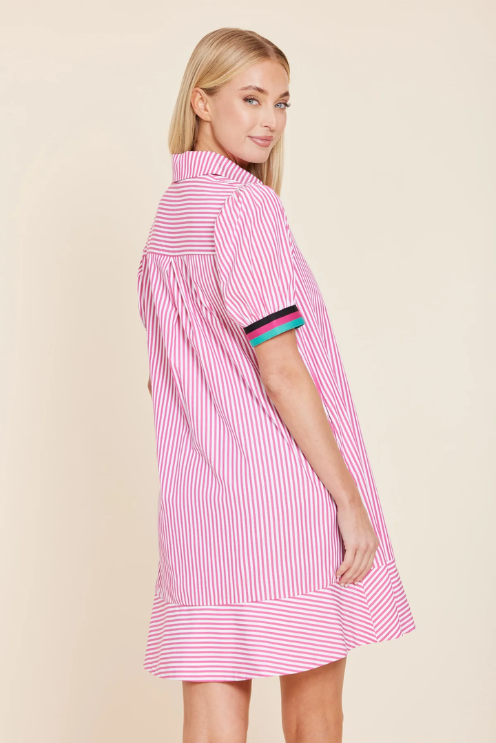 Poplin Dress with Knit Stripe Trim Pink Multi