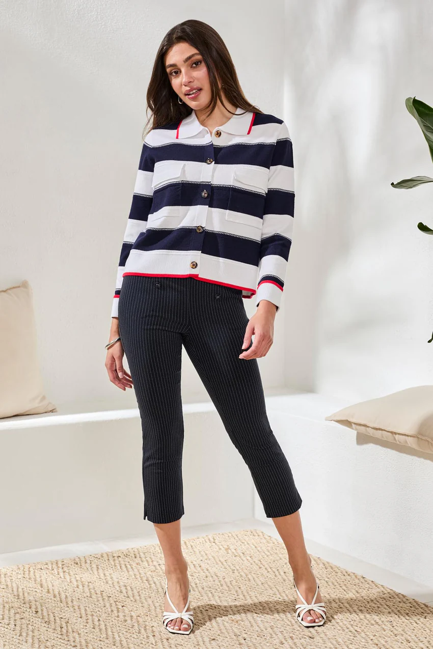 Double Knit Button-Front Stripe Cardigan Jet Blue